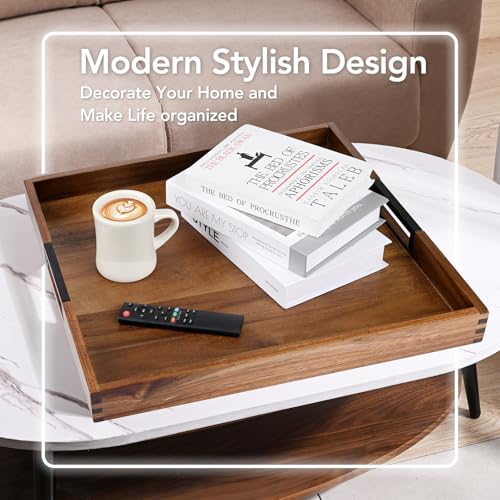 Large Square Ottoman Tray for Living Room and Coffee Table, Decorative Acacia Wood Serving Tray with Metal Handles for Breakfast in Bed, Dinner Food Kitchen TV (Natural, 22" x 22" x 2") - size: 22" x 22" x 2"