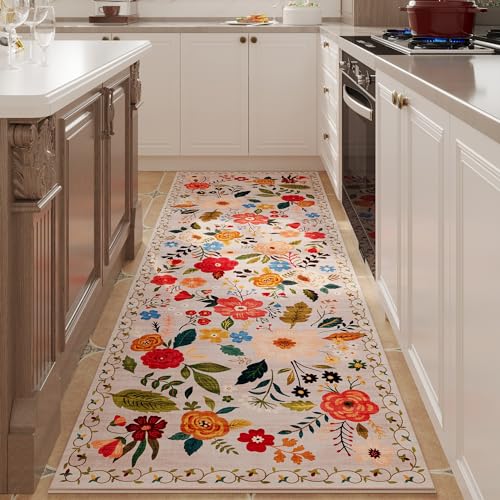 Rugcomf Runner Rug for Hallways Kitchen Rug Non Slip 2'6''x8' Washable Rugs with Rubber Backing Soft Floral Carpet Runner for Hallways, Kitchen, Laundry, Bedroom, Bathroom(Beige) - color: Beige, size: 2'7" x 8' (Rectangular)