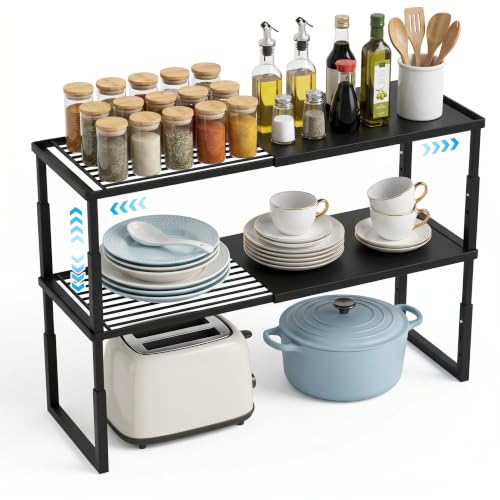2 Packs Expandable Cabinet Shelf Organizer, Stackable Countertop Shelves | 15.8''- 25.5'' In Cabinet Shelf, Adjustable Kitchen Cabinet Organizer for Pantry Organizer, CupBoard Organizers and Storage - color: Black, size: 2 Packs
