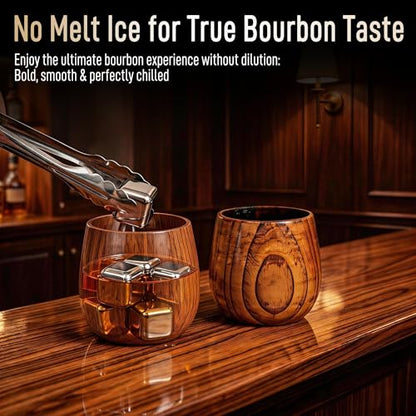 Charred Wooden Bourbon Drinking Glass Set | Premium Whiskey Tumblers with Whiskey Stones, Tongs and Wooden Gift Box, Perfect Gifts for Men, Dad, Boyfriend and Friends