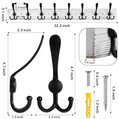 Kuhome 32.2'' Large Coat Rack Wall Mount Coat Hooks with 8 Metal Black Triple-Hooks Old White Pine Real Wood Plank Hat Rack for Wall Hooks - color: Old White Plate & Black Hook, size: 1 Item-8 Hooks