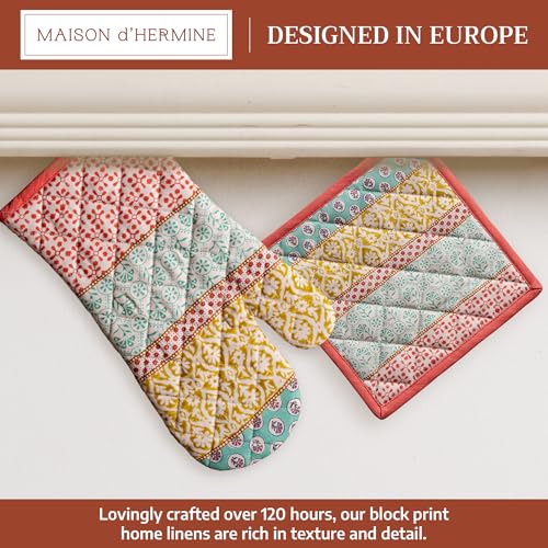 Maison d' Hermine 100% Cotton Oven Mitt & Pot Holder Set (7.5"x13" & 8"x8") | Heat Resistant BBQ Cooking Gloves with Loop Baking Grilling Kitchen Hotel Home Farmhouse Spring Summer - Provence - color: 002 - Provence, size: 7.5" x 13" & 8" x 8" (Oven Mitt