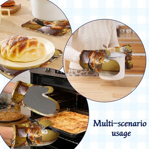 Cat Chef Pot Holders and Oven Mitts Set Silicone Funny Cats Cooking Kitchen Gloves Potholders Heat Resistant Washable,Chef Cooking Baking Gifts for Women Men Bakers Lover Cooks - color: Cat Chef,funny Cats Cooking