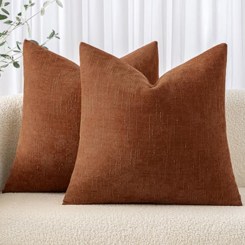 MIULEE Textured Chenille Fall Throw Pillow Covers 18x18 Inch Dark Rust | Pack of 2 Decorative Soft Throw Pillows, Solid Textured Cushion Covers, Modern Home Decor for Couch Sofa Bedroom Living Room - color: Dark Rust, size: 18" x 18" (Pack of 2)