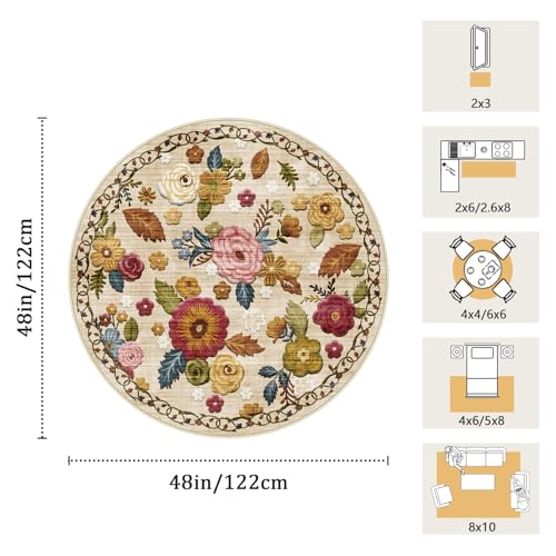 Washable 4ft Round Area Rug, Beige Boho Floral Non-Slip for Bedroom Kitchen | Soft Low-Pile Carpet for Pet Feeding Areas, Bathroom, Entryway, Nursery, Kid & Pet Friendly, Stain, Fade & Wear Resistant - color: Beige, Cream, Mustard, Brick Red and Blue, siz