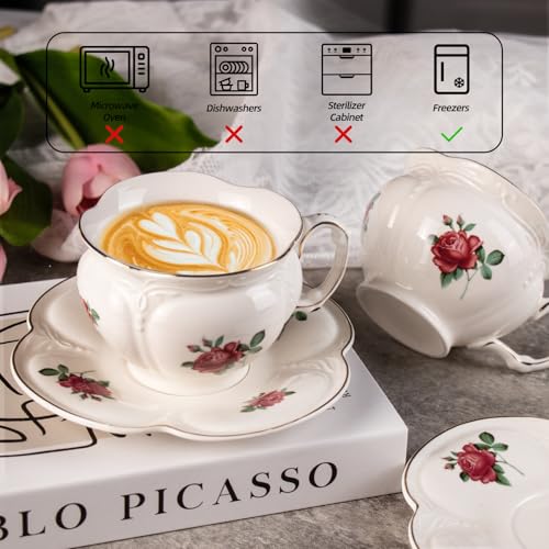 KAMMAK Tea Cups and Saucers Set of 2, 6.8 oz Porcelain Coffee Cups, 564N | Stackable Espresso Mugs, Ceramic Demitasse for Coffee, Cappuccino, Latte, Americano, Tea - size: 7KPSP564N