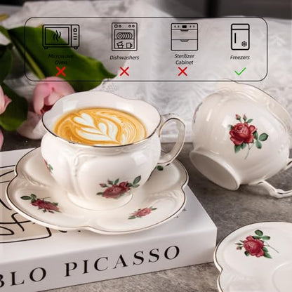 KAMMAK Tea Cups and Saucers Set of 2, 6.8 oz Porcelain Coffee Cups, 564N | Stackable Espresso Mugs, Ceramic Demitasse for Coffee, Cappuccino, Latte, Americano, Tea - size: 7KPSP564N
