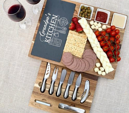 Acacia Wood Charcuterie Board with Slate – Personalized Cheese Board with 19 Stainless Steel Knives – Thanksgiving, Wedding & Holiday Gift - color: Design #12