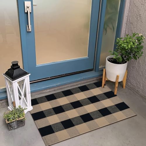 KIMODE Front Door Mat Outside Entrance Fall Front Porch Rug Welcome Decor | Black and Tan,Checkered Farmhouse, 24"x35", Fall Decor, Cotton Woven,Washable,Reversible,Layered Doormats for Door Outside - color: Black/Brown, size: 2' x 3' (Rectangular)