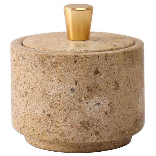Marble Salt Cellar with Lid and Brass Knob 3.15" Spice box Salt Container Seasoning Jar for Kitchen tone Salt Holder for Counte-Ideal for Sea Salt, Spices and Herbs (White) (Crema Marfil) - color: Crema Marfil