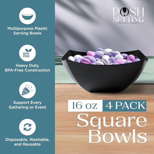 4 Pack Disposable Black Plastic Serving Bowls Square Party Candy Use 16oz | Square Design. Disposable Party Tableware. Salad, Fruit & Candy Use. Candy Buffet Containers. Black Plastic. - color: Black, size: 16 OUNCE