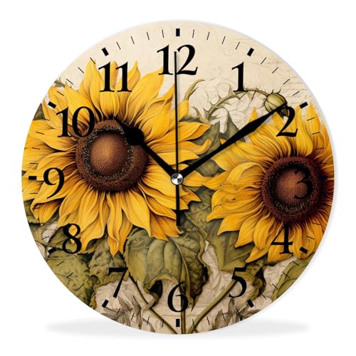 Round Analog Wall Clocks Non-Ticking Silent Clock Battery Operated Clcoks Decorative for Living Room,Office,Bedroom-Sunflowers Vintage Art(12inch) - color: Sunflower, size: 12inch