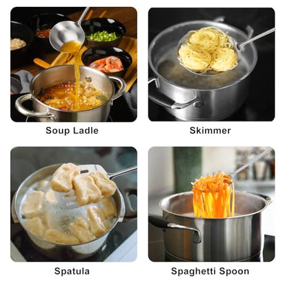 304 Stainless Steel Cooking Utensils Set, 9 PCS Metal Stainless Steel Kitchen Utensils Set, Serving Spoon, Spaghetti Spoon, Skimmer, Meat Fork etc (Dishwasher Safe)