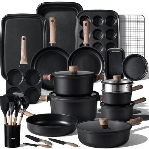 CAROTE 44pcs Pots and Pans, Nonstick Cookware Set with Bakeware | Induction Kitchen Cooking Set, Durable, Easy Food Release, Even Heating, with Knife Set - color: Black, size: 44 PCS