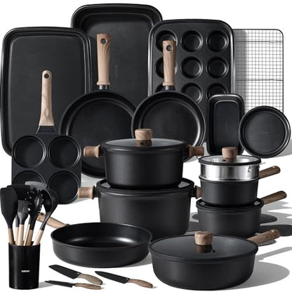 CAROTE 44pcs Pots and Pans, Nonstick Cookware Set with Bakeware | Induction Kitchen Cooking Set, Durable, Easy Food Release, Even Heating, with Knife Set - color: Black, size: 44 PCS