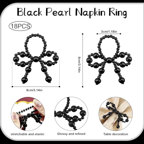 18 Pcs Black Pearl Napkin Rings Adjustable Imitation Pearl String Elegant Napkin Holders for Weddings Dinner Parties and Everyday Use - color: Black
