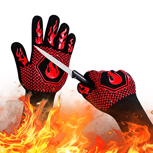 BBQ Gloves 1472F Heat Resistant Non-Slip Silicone 13.8in (Red) | Grill Cut-Resistant, Oven Kitchen Safe for Barbecue, Cooking, Frying, Oven Mitts - color: Red