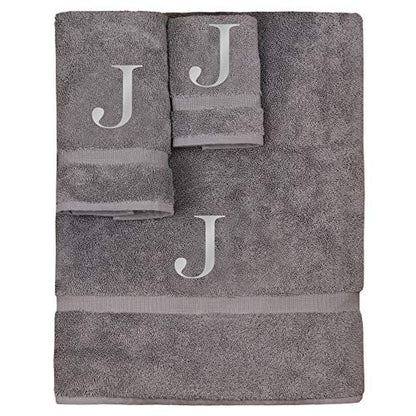 Monogrammed Towel Set, Personalized Gift, Set of 3- Silver Block Letter Embroidered Towel - Extra Absorbent 100% Turkish Cotton - Soft Terry Finish - Initial J Gray - color: Gray & Silver, size: Initial - J