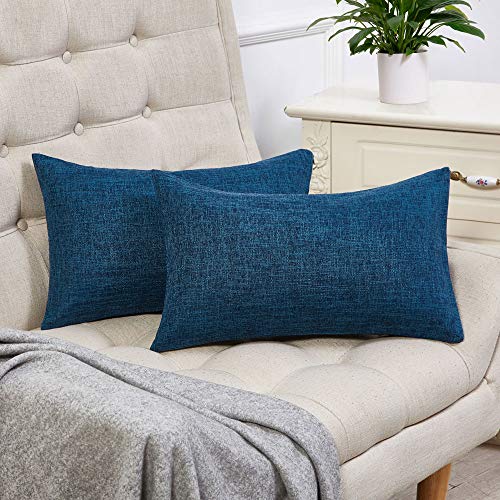 Anickal Set of 2 Dark Blue Lumbar Pillow Covers Rustic Linen Decorative Throw Pillow Covers 12x20 Inch for Sofa Couch Decoration - color: Dark Blue, size: 20" x 12" (Pack of 2)