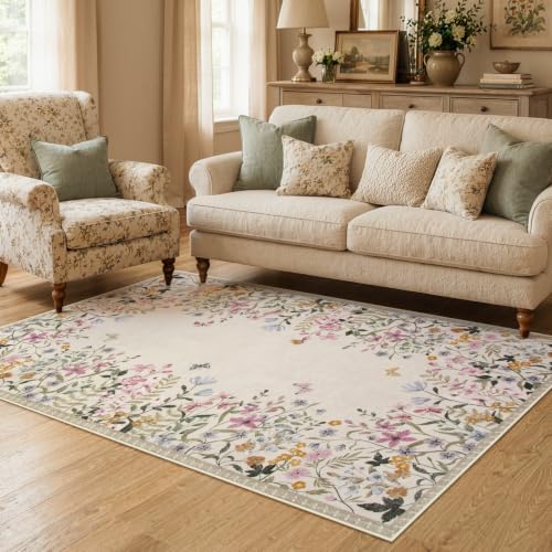 Wonnitar 4x6 Washable Area Rug, Boho Floral Bedroom Rug, Botanical Carpet for Nursery, Beige Non Slip Office Rug, Farmhouse Kitchen Kids Playroom Decor (4x6 Beige) - color: Beige, size: 4' x 6' (Rectangular)