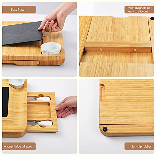 ROYAMY Bamboo Cheese Charcuterie/Serving Board and Knife Set with Round Tray, Wooden Cheese Platter/Tray, Perfect for Christmas, Anniversary,Wedding,Housewarming Gift Ideas