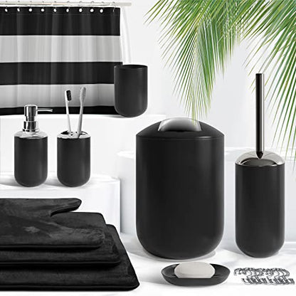 Clara Clark Bathroom Set - Black Bathroom Accessories Set, Bathroom Sets with Shower Curtain and Rugs, 23PC Shower Curtain Set with Liner, Soap Dispenser, Toilet Brush, & Trash Can - color: Black, size: Complete Set + Bath Rugs