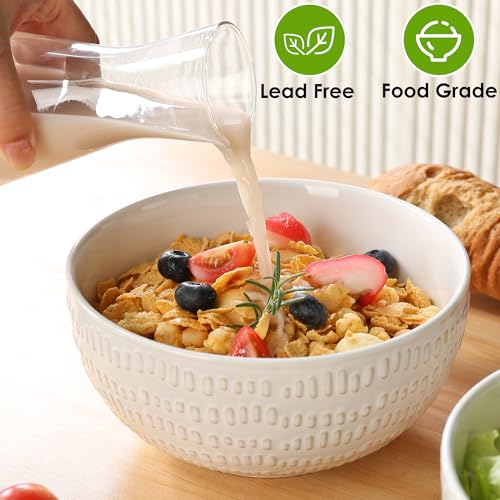 40 OZ Large Cereal Bowls Set of 4, Farmhouse Embossment Ceramic Salad Bowls for Soup, Serving, Fruit, Snack, Noodle, Ramen, Pho, Microwave & Dishwasher Safe, 6.7 Inch White - size: 6.7 INCH