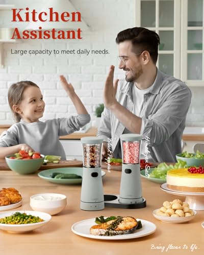 Electric Salt and Pepper Grinder Set with Storage Base, Stainless Steel Rechargeable Salt and Pepper Grinder Set with 4.5 oz Large Capacity, 1.8" Wide Mouth, Adjustable Coarseness, Ideal for Kitchen - color: Light Blue