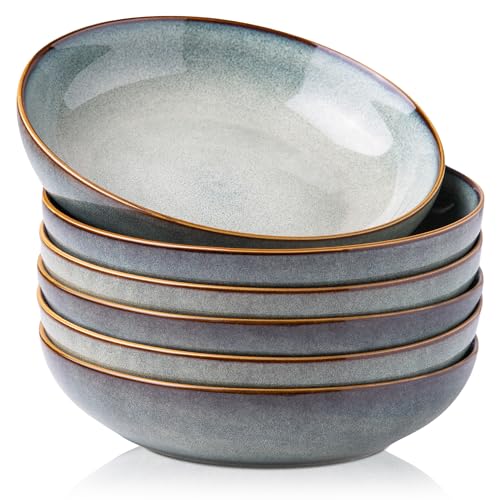 AmorArc 8.5’’ Ceramic Pasta Bowls Set of 6, 36oz Large Stoneware Bowls Set | Large Dinner Serving Bowls Set, Wide Bowl Plate for Pasta,Salad, Soup, Microwave Safe, Reactive Glaze-Ocean Blue - color: Ocean Blue, size: Set of 6