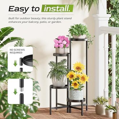 4 Tier Black Metal Foldable Corner Plant Stand w/ 7.9" Wide Tray Lg Pot - color: BlackDisk
