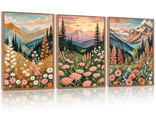 HPINUB Mountain Sunset Floral Framed Canvas Wall Art Set,(Set of 3,12X16 Inch) Colorful Wildflower Daisy Flower Wall Decor,Blossom Botanical Artwork Modern Nature Landscape Art Print for Living Room - color: Colorful Wildflower Wall Art