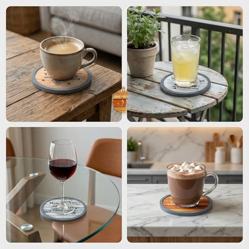 Absorbent Coasters for Drinks with Holder, Set of 6 Farmhouse Coasters, Silicone Coaster with Soft Felt Insert, Round, Housewarming Gifts - color: Farmhouse Style-02