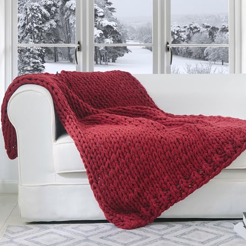 Cheer Collection Chunky Knit Blanket - Throw Blankets for Bed & Couch, Cozy Chunky Knit Throw Blanket, Ultra-Soft Oversized Knitted Blanket, Machine Washable Knit Throw Blanket- 50''x60'', Burgundy - color: Burgundy