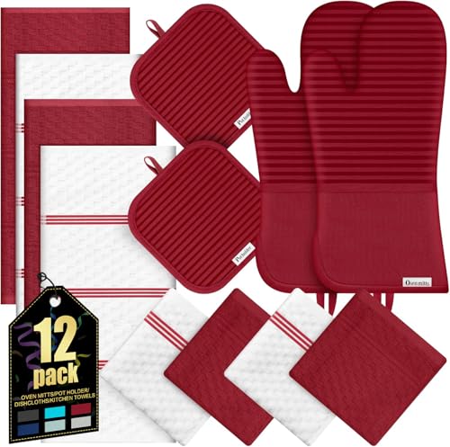 Oven Mitts Kitchen Towels and Dishcloths with Pot Holders Sets, Oven Gloves Hot Pads 500°F Heat Resistant with Silicone Grip, Include 2 Cooking Gloves/2 Potholders/4 Kitchen Towels/4 Dish Towels-Red - color: Red