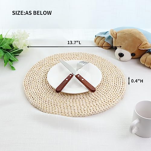YRMT Round Woven Placemats Set of 6 Corn Husk Woven Placemat Braided Straw Water Hyacinth Place Mats for Dining Table, Wedding, Natural 13.8" in