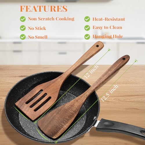 MORGLES 3Pcs Acacia Wood Spatula Set, Non-Scratch 12" Cooking Turner | Acacia wood, non-scratch for nonstick/cast iron, 3-pc w/ scraper, 12" ergo handle, flips/stirs/scrapes, gift - color: Acacia Dark Brown