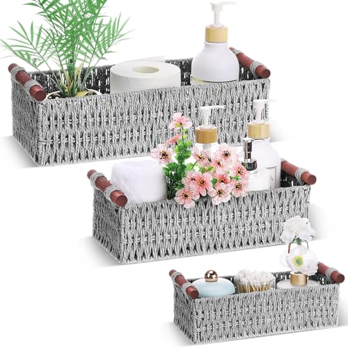 Boao 3 Pcs Boho Storage Wicker Baskets Handmade Woven Decorative Paper Rope Baskets for Organizing with Handle Countertop Toilet Paper Storage Container for Toilet Tank Top(Light Grey,Rectangle) - color: Light Grey, style: Rectangle