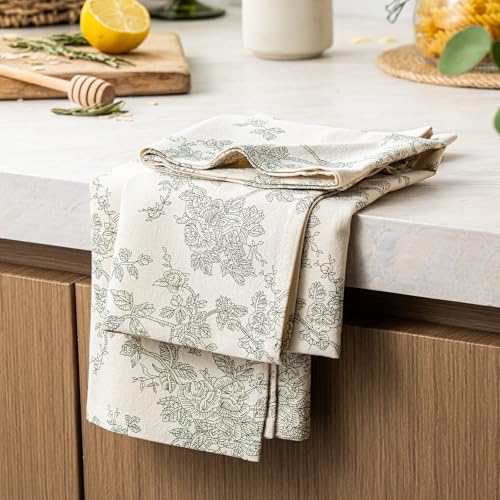Multi-Purpose French Pastoral Tea Towels Set of 2, Green | 100% Organic Cotton Flour Sack Kitchen Towels, 18x25in Absorbent Dish Cloths, Farmhouse Napkins, Decorative Hand Towels Set - color: Green