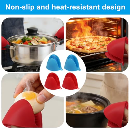 Silicone Oven Mitts Mini, 2 Pairs Heat Resistant Finger Oven Mitts, Non-Slip Silicone Gloves for Kitchen Cooking & Baking, Small Potholders for Air Fryer Grill (Red & Blue) - color: Blue\red