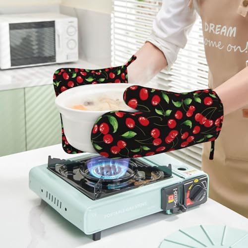 Watercolor Cherries Oven Mitts and Pot Holders Sets Silicone Cherry Fruit Pattern Kitchen Oven Mitts Hot Pads Heat Resistant Potholders Kitchen Mitts Set for Baking BBQ Cooking - color: Black Red