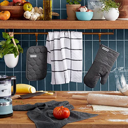 KitchenAid Quilted Cotton Terry Cloth Oven Mitt, Pot Holder, Kitchen Towel 4-Pack Set, Heat Resistant, Silicone Grip, Gift Set, Charcoal Grey, 16"x26", 7"x13" & 7"x10" - color: Charcoal Grey
