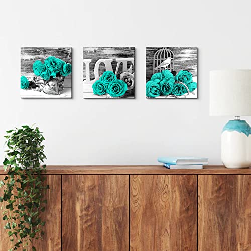 Teal Bathroom Wall Decor Turquoise Teal and Grey Rose Wall Art for Bedroom Living Room Accessories Love Sign Aqua Green Flower Pictures Floral Poster Canvas Artwork Kitchen Home Decoration 12x12" 3 | Love Sign Aqua Green Flower Pictures Canvas Prints Vint