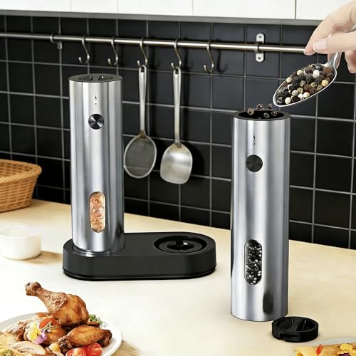 Electric Salt and Pepper Grinder Set, Rechargeable Stainless Steel with USB-C Dual Charging Base, Upgraded Large Capacity, Adjustable Coarseness & Bright LED Light, Kitchen Essentials