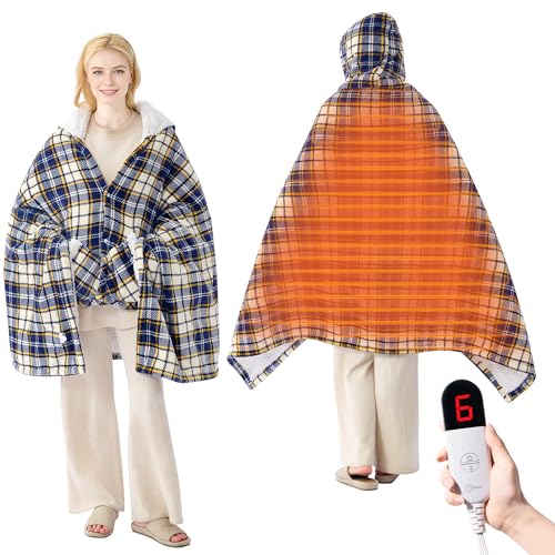 Electric Blanket Wearable Heated Shawl with Hood & Pockets, 40"x70" | 6 Heat Levels, 4H Auto-Off, Reversible Flannel & Sherpa, Cozy Plaid Heated Throw for Home, Couch, or Gift, Navy Beige - color: Navy Beige, size: Short