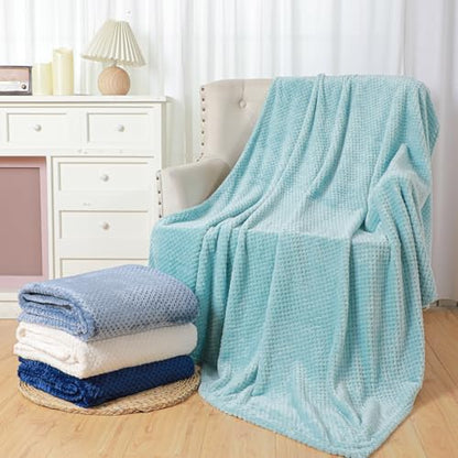 Newwiee 4 Pcs Fleece Throw Blanket, 3D Waffle Textured,Gradient Blue | Soft Lightweight Set for Couch Bed Sofa, Warm Winter Throws, No Shedding Pilling, Flannel Waffle Texture, 50x60 Inch - color: Gradient Blue