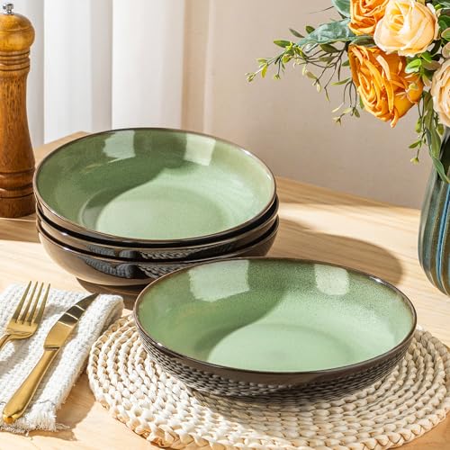 LERATIO 9.0" Ceramic Pasta Bowls Set of 4,38oz Large Stoneware Bowls Set | Reactive Glaze Serving Bowls Set,Wide Bowl for Pasta,Salad,Fruit & Noodles,Housewarming & Wedding Gift-Light Green - color: Light Green, size: Set of 4