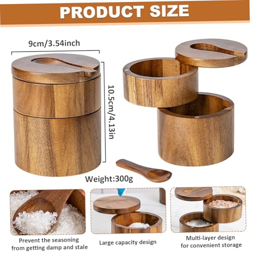 Salt Box with Swivel Lid & Spoon Double-Layer Wooden Salt Box with Lid Compact Stylish Cella with Magnetic Rotating for Spices & Seasonings