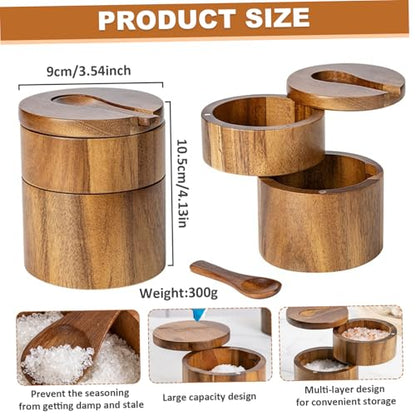 Salt Box with Swivel Lid & Spoon Double-Layer Wooden Salt Box with Lid Compact Stylish Cella with Magnetic Rotating for Spices & Seasonings
