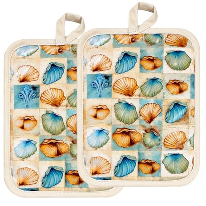 Pot Holders Set of 2 Heat Resistant 480 ℉Non Slip Clear Silicone Printed Comfortable Cotton Lining Kitchen Women Men Cooking Baking Microwave Machine Washable (Shell, Beige potholders) - color: Shell, Beige Potholders