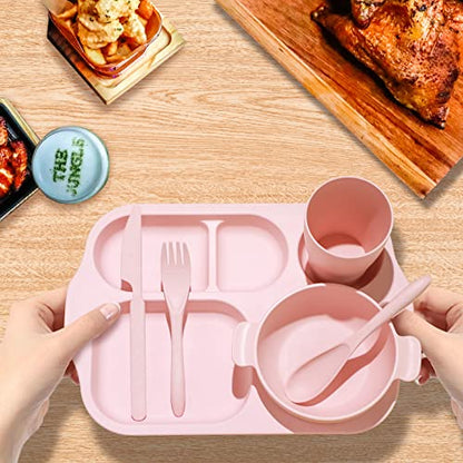 Honoson 24 Pcs Wheat Straw Dinnerware Cutlery Set, Service for 4, Unbreakable Plates and Bowls Set - Divided Plates, Bowls, Spoons, Forks & Knives, Microwave & Dishwasher Safe(Beige/pink/green/blue) - color: Beige/Pink/Green/Blue